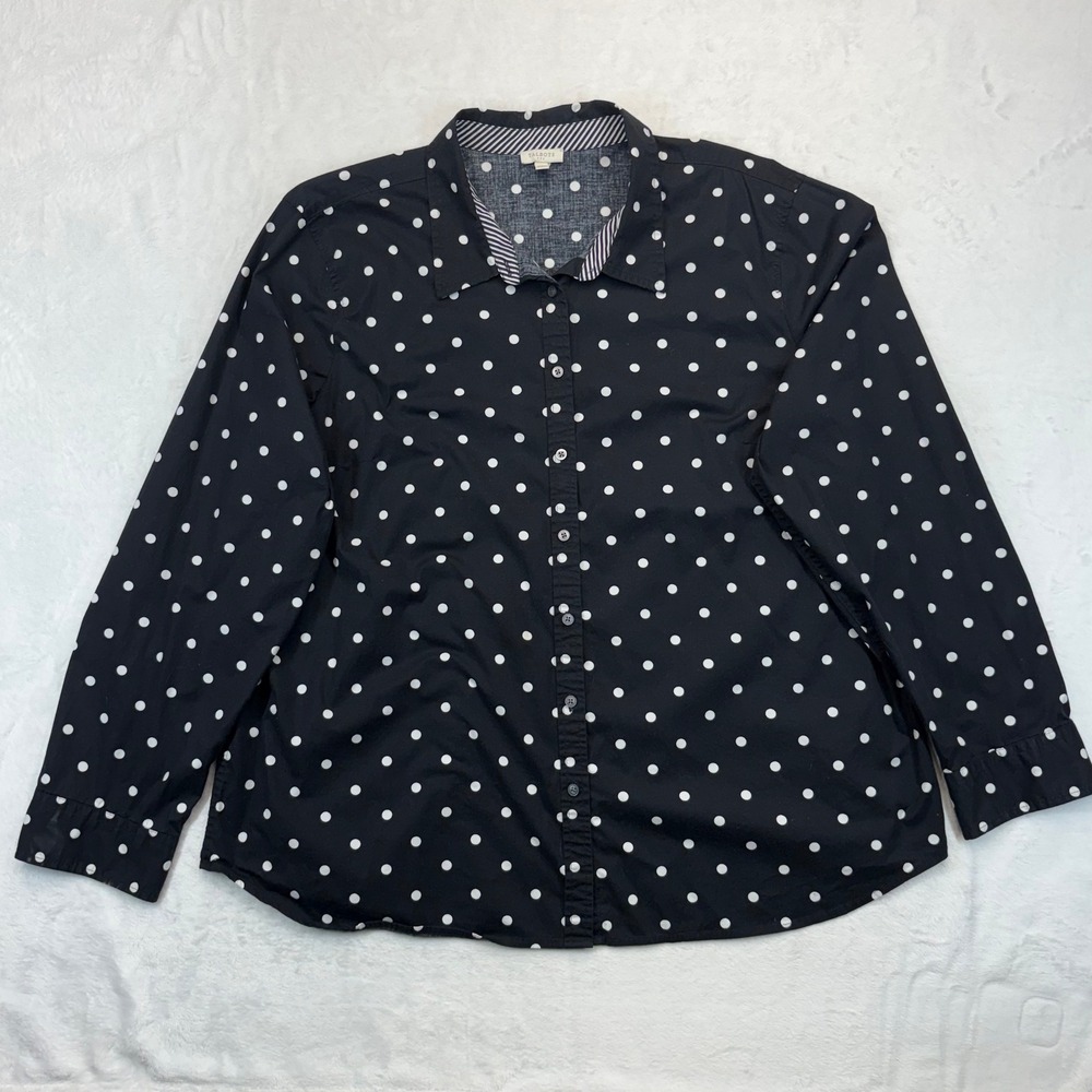 Talbots Womens XL Black White Polka Dot Button Down Shirt Contrast Stripe Trim